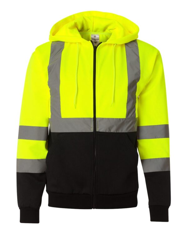 Front view of lime ML Kishigo Hi-Vis Full-Zip Hooded Sweatshirt JS102-103