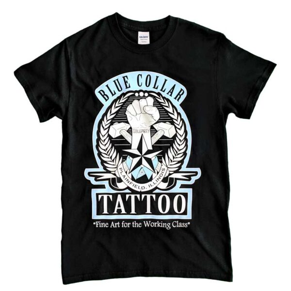 Back view of Blue Collar Tattoo Custom Screen Printed Shirt Sleeve T-Shirt